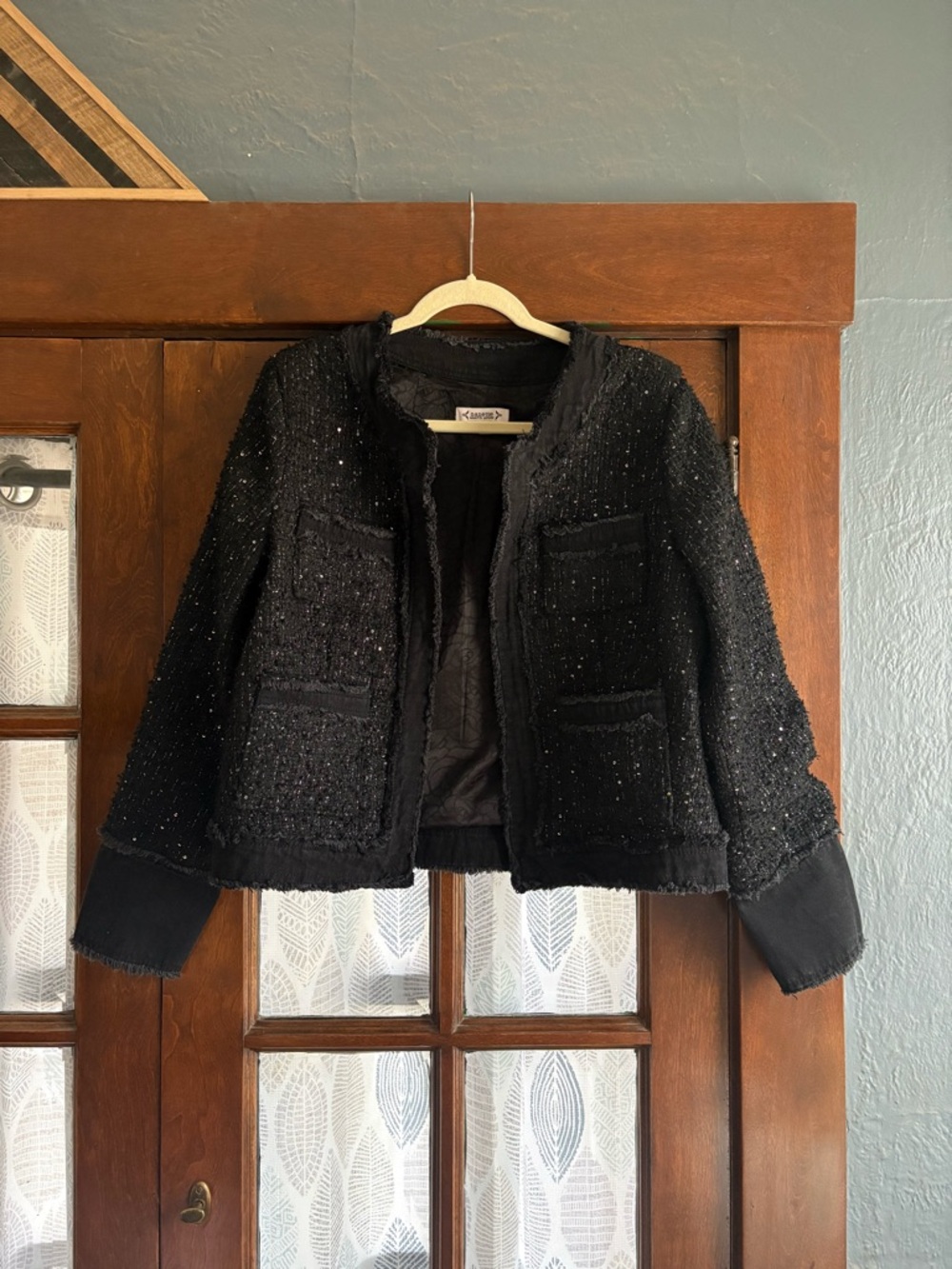 Nanette Lepore Black Frayed Sequined Boucle Tweed Blazer with Denim Trim - Picture 2 of 8